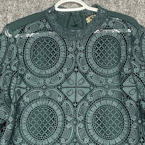 Antropologie James Coviello New York Lace Blouse Top Green Button Up Elegant XL - Picture 4 of 11